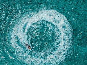 Preview wallpaper ocean, aerial view, ship, funnel, waves