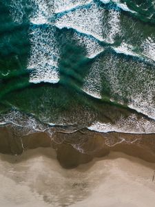 Preview wallpaper ocean, aerial view, surf, waves, shore, sand, foam