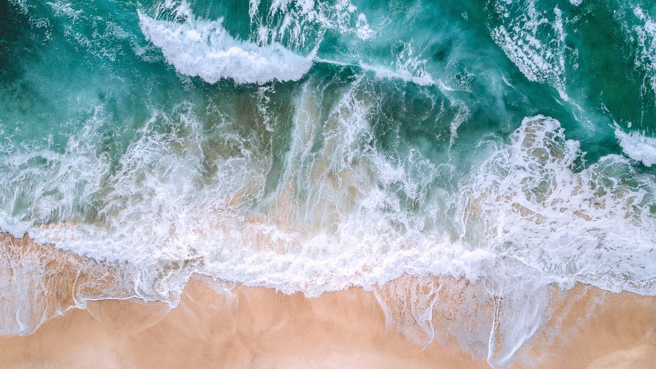 Wallpaper ocean, aerial view, surf, waves, foam, sand