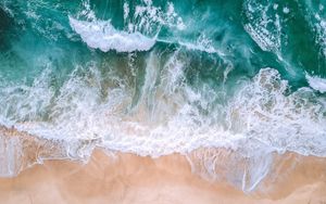 Preview wallpaper ocean, aerial view, surf, waves, foam, sand