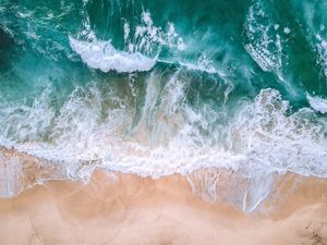 Preview wallpaper ocean, aerial view, surf, waves, foam, sand