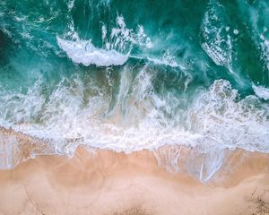 Preview wallpaper ocean, aerial view, surf, waves, foam, sand