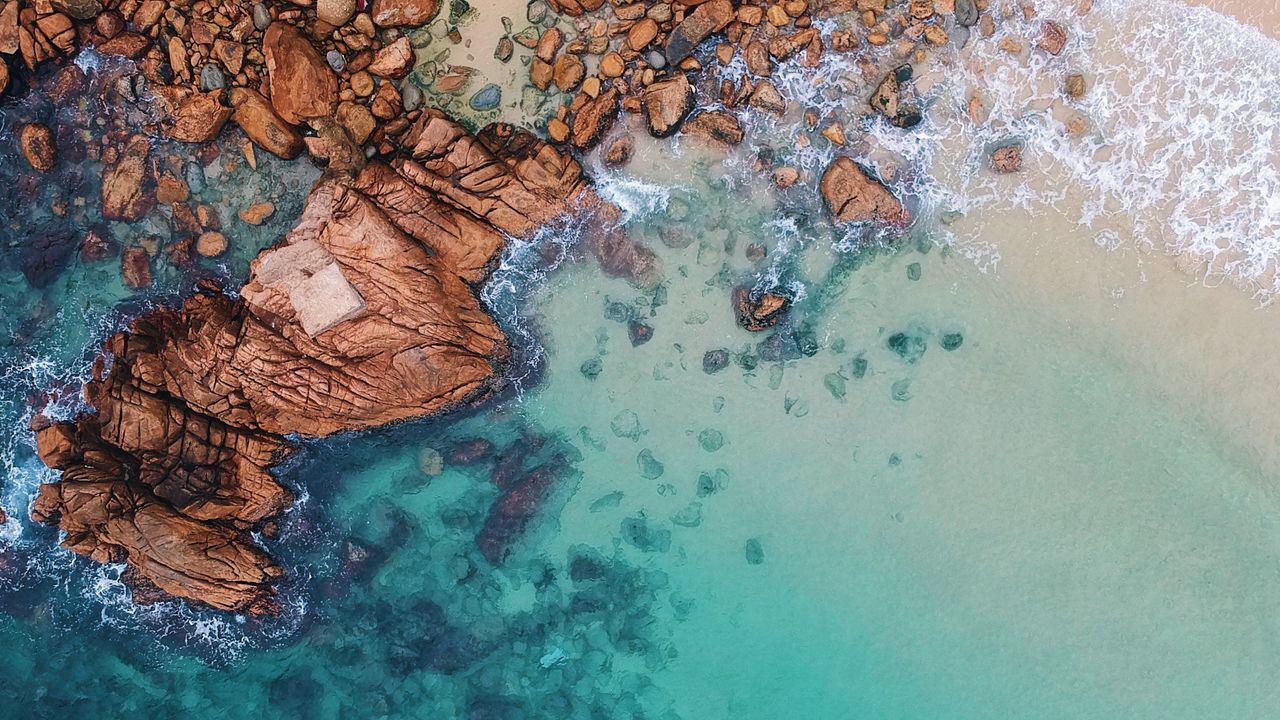 Wallpaper ocean, aerial view, water, stones, sand, foam