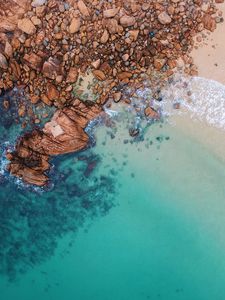 Preview wallpaper ocean, aerial view, water, stones, sand, foam