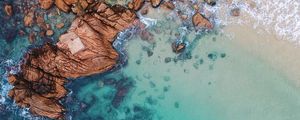 Preview wallpaper ocean, aerial view, water, stones, sand, foam