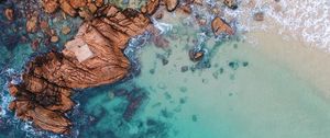 Preview wallpaper ocean, aerial view, water, stones, sand, foam