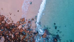 Preview wallpaper ocean, beach, aerial view, sand, stones, surf, foam