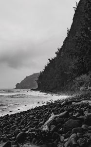 Preview wallpaper ocean, beach, coast, waves, landscape, black and white