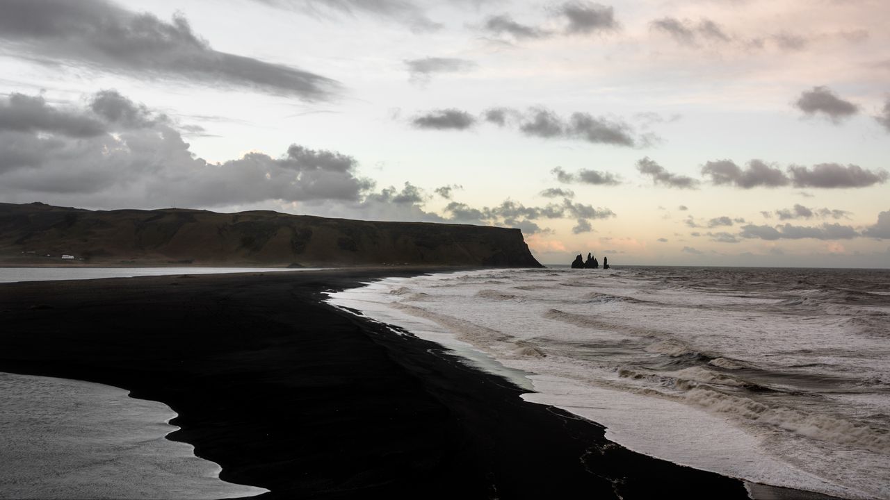 Wallpaper ocean, beach, coast, black sand, iceland