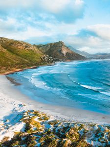 Preview wallpaper ocean, beach, sand, mountains, surf