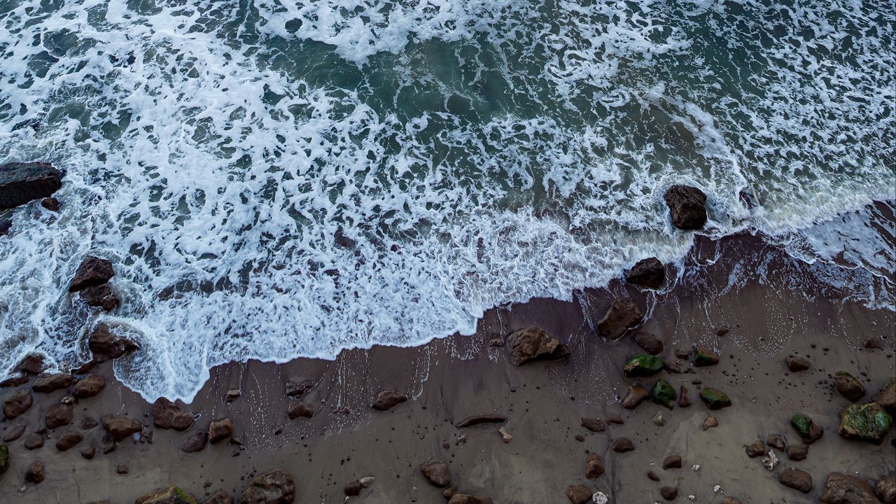 Wallpaper ocean, beach, waves, sand, stones