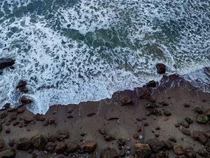 Preview wallpaper ocean, beach, waves, sand, stones