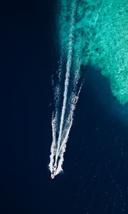 Preview wallpaper ocean, boat, trail, waves, aerial view