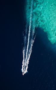 Preview wallpaper ocean, boat, trail, waves, aerial view