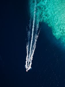 Preview wallpaper ocean, boat, trail, waves, aerial view