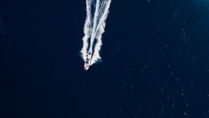 Preview wallpaper ocean, boat, trail, waves, aerial view