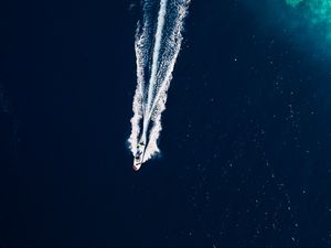 Preview wallpaper ocean, boat, trail, waves, aerial view