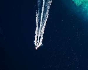 Preview wallpaper ocean, boat, trail, waves, aerial view