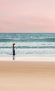 Preview wallpaper ocean, child, shore, surf, walk, horizon, pastel
