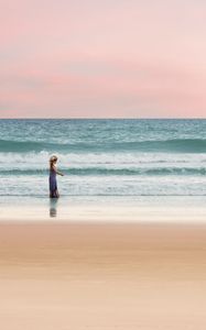 Preview wallpaper ocean, child, shore, surf, walk, horizon, pastel