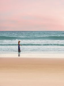 Preview wallpaper ocean, child, shore, surf, walk, horizon, pastel