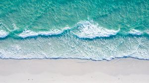 Preview wallpaper ocean, coast, aerial view, sand, beach, surf, foam