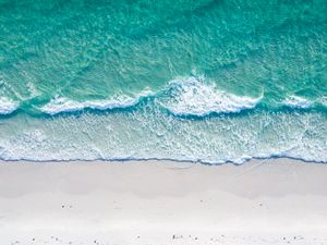 Preview wallpaper ocean, coast, aerial view, sand, beach, surf, foam