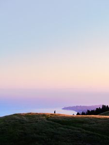 Preview wallpaper ocean, coast, horizon, hills, silhouette, fog
