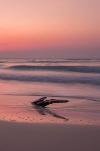 Preview wallpaper ocean, coast, sunset, cobble, sand, horizon