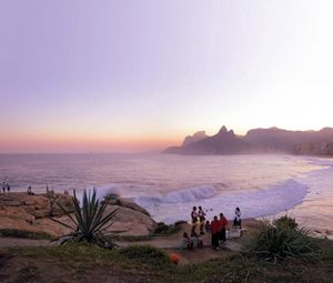 Preview wallpaper ocean, coast, tourists, plants, waves, rio