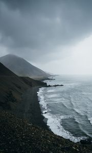 Preview wallpaper ocean, fog, sea, rocks, stones, pebbles