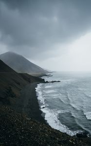 Preview wallpaper ocean, fog, sea, rocks, stones, pebbles