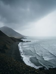 Preview wallpaper ocean, fog, sea, rocks, stones, pebbles