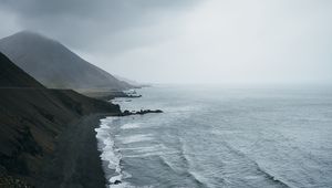 Preview wallpaper ocean, fog, sea, rocks, stones, pebbles