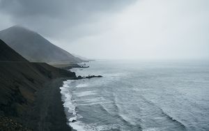 Preview wallpaper ocean, fog, sea, rocks, stones, pebbles