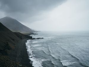 Preview wallpaper ocean, fog, sea, rocks, stones, pebbles