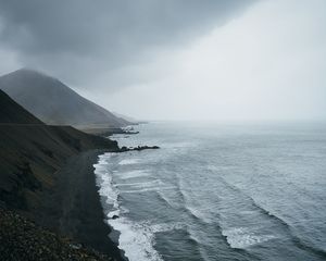 Preview wallpaper ocean, fog, sea, rocks, stones, pebbles