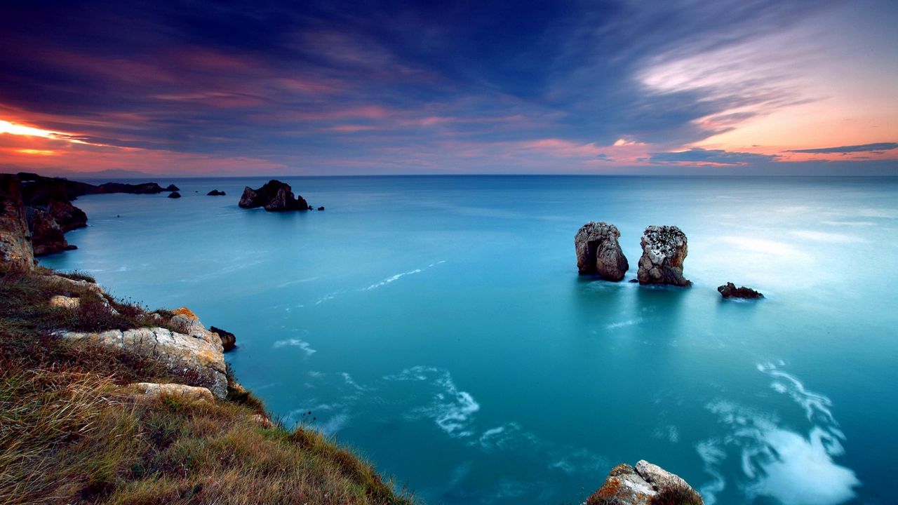 Wallpaper ocean, gulf, coast, blue water, lilac, evening