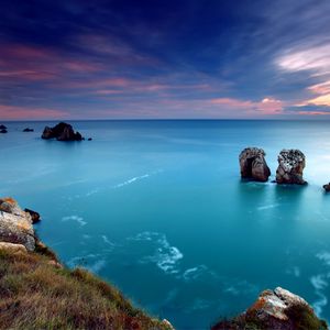 Preview wallpaper ocean, gulf, coast, blue water, lilac, evening