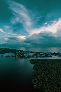 Preview wallpaper ocean, island, aerial view, trees, horizon, sunset