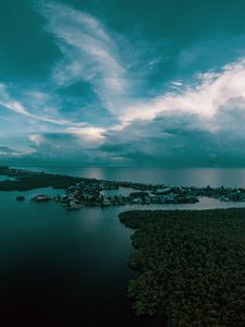 Preview wallpaper ocean, island, aerial view, trees, horizon, sunset