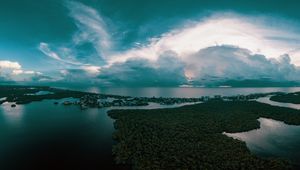 Preview wallpaper ocean, island, aerial view, trees, horizon, sunset