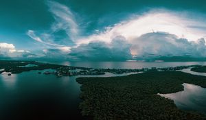 Preview wallpaper ocean, island, aerial view, trees, horizon, sunset