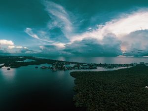 Preview wallpaper ocean, island, aerial view, trees, horizon, sunset