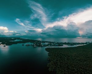 Preview wallpaper ocean, island, aerial view, trees, horizon, sunset