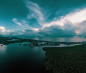 Preview wallpaper ocean, island, aerial view, trees, horizon, sunset