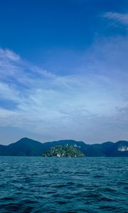 Preview wallpaper ocean, island, rocks, horizon, waves, ripples