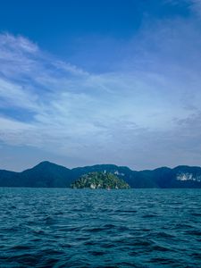 Preview wallpaper ocean, island, rocks, horizon, waves, ripples