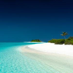 Preview wallpaper ocean, palm trees, beach, sand, island, sky