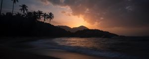 Preview wallpaper ocean, palm trees, sunset, shore, night, tropics